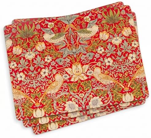 Pimpernel Morris & Co Strawberry Thief Red Placemats, Set of 4 - Heat & Stain Resistant, Cork Back Table Mats Featuring Classic Birds & Botanical Design - Minimal Tableware for Hosting by Pimpernel