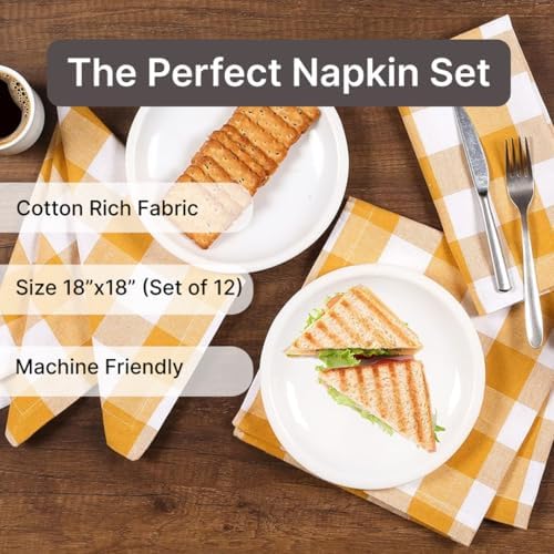 LFH Home Buffalo Check Cloth Dinner Napkins Set of 12, Cotton Napkins, 100% Cotton Checkered Wedding Christmas New Year Dinner Napkins with Mitered Corners and Generous Hem - 18 x 18 Mustard White - Image 2