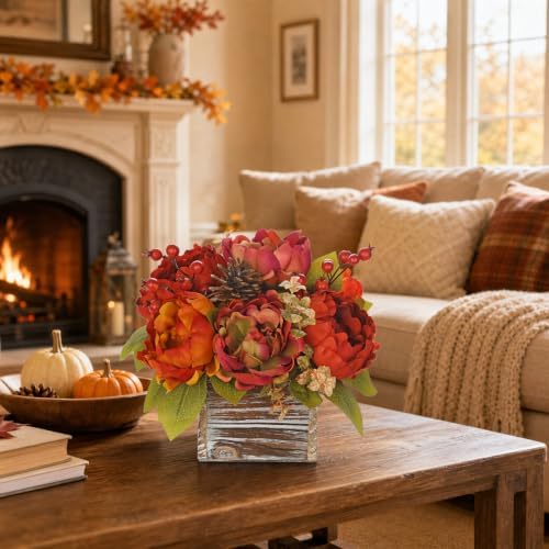 Fall Peonies Artificial Flowers Arrangements In Rustic Square Wooden Box - Image 7