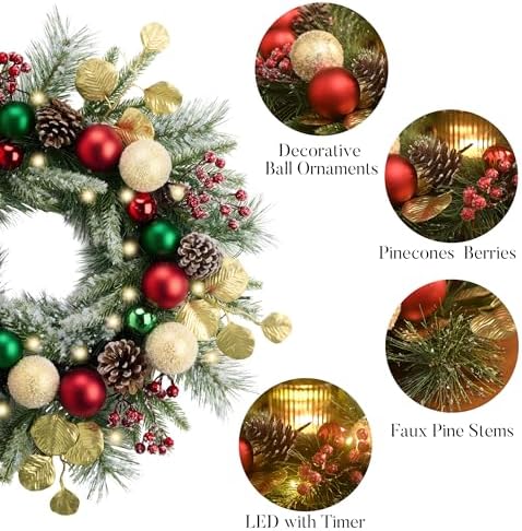Valery Madelyn 20" Pre-Lit Christmas Wreath for Front Door with Light - Image 5