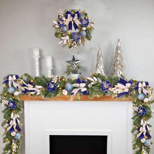 Pre-Lit Christmas Wreath for Front Door with Timer 20 Lights,Lighted Christmas Wreath Silver Blue Xmas Ball for Fireplace Window Outdoor Table Centerpiece Holiday Decoration,Magnolia Winter wreath-20 - Image 5