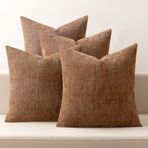 MIULEE Pack of 4 Fall Decorative Throw Pillow Covers 18x18 Inch Chenille Textured Throw Pillows Boho Farmhouse Rustic Cushion Covers Vintage Home Decor for Couch Sofa Bed Living Room，Camel by MIULEE