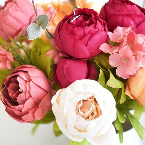 FiveSeasonStuff Peach, Coral, Cream & Burgundy Artificial Peony Set of 2 - Image 6