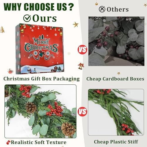 6FT Christmas Garland with Lights Artificial Pine Cypress Eucalyptus Garland with Red Berries Christmas Tips Cedar Garlands,Christmas Decorations Holiday Indoor Outdoor Winter Garland - Image 3