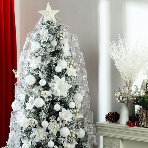 Realspring 72 Pieces Christmas Tree Ornament Set Xmas Assorted Decorations Bulk Glitter Poinsettia Berry Picks Topper Star Sequin Tree Skirts for Home Wreaths Holiday Party Favors (White) - Image 6