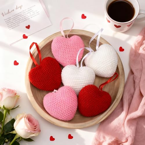Suncalla 6 Pcs Large 4.33 Inch Valentine's Day Heart Ornaments Hanging Knitted Crochet Heart Ornament Red Pink White Valentine's Day Hanging Decorations for Wedding Anniversary Party Decor DIY Crafts - Image 6