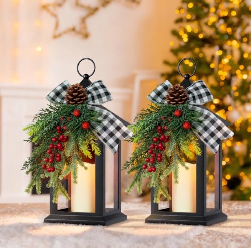 Christmas Decorative Lantern with LED Candle – Black Lantern with Pinecones, Black Bow – Battery Operated Christmas Table Centerpiece for Indoor Decor(2pack) by JOHUNT