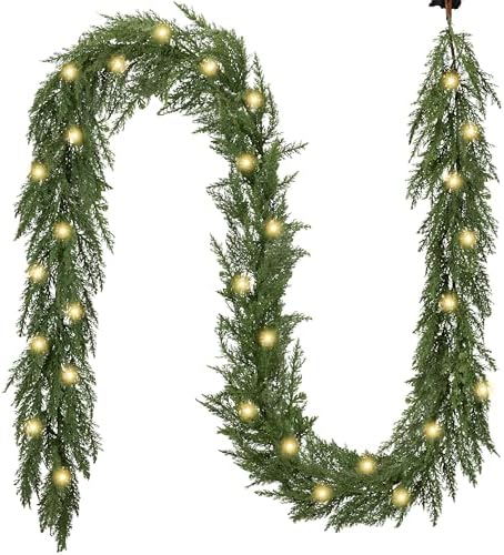 Valery Madelyn 9 Ft Artificial Norfolk Pine Garland for Mantle, Real Tough Christmas Cedar Garland with Light, Lighted Winter Pine Branches for Home Stairs Fireplace Table Indoor Outdoor Holiday Decor by ValeryMadelyn