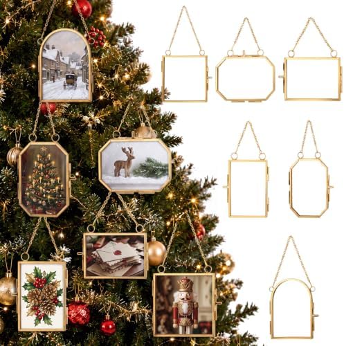 Qunclay 6 Pcs Christmas Brass Picture Frame Ornaments 6 Sizes Xmas Metal Double Glass Hanging Photo Frame with Metal Chain for Christmas Tree Decoration (Gold, 6 Styles) by Qunclay
