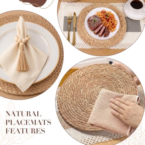 6 Sets Grey Kitchen Decor,Table Setting Decor with Round Woven,Rectangular Boho,Wooden Bead Napkin Rings,Cloth Napkins,Table Runner & Storage Basket,Natural Burlap Cotton for Kitchen Dining Table Home - Image 4