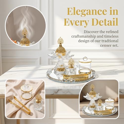 Generic Glass Incense Burner 5-Pieces Set Ramadan Decoration with Tray Storage Jar and Tongs Censer Arabian Incense Holder,Attractive Gold Incense Burner Set for Yoga SPA Desk Decor - Image 3