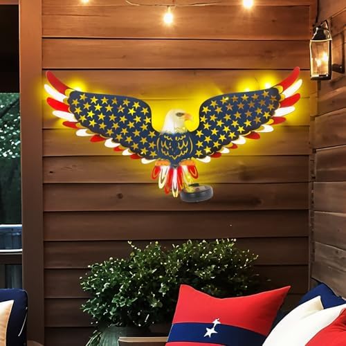 23" American Eagle Metal Wall Art with Solar Lights Outdoor Decorative by JJALIGHTS