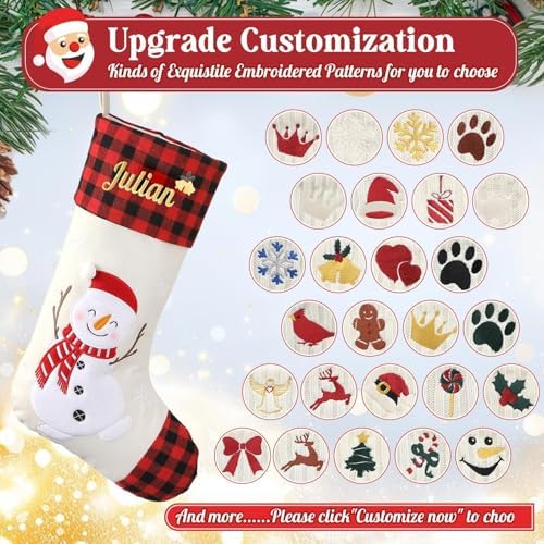 Personalized Christmas Stockings with Embroidered Name & Monogram,Custom 3D Xmas Character Stocking 5 Pack 18” Large,Santa,Snowman & Reindeer Fireplace Hanging Red Burlap Plaid Stockings(D) - Image 5
