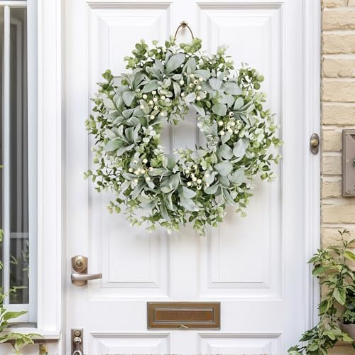 26 Inch Large Lambs Ear Wreaths for Front Door Spring Summer Lambs Leaves with White Berries, Artificial Greenery for Farmhouse Porch Wall Living Room Home Wedding Decor for All Seasons Wreaths - Image 3