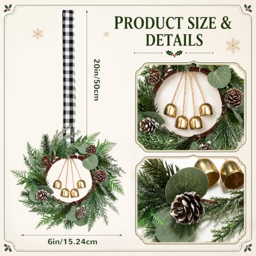 Dingion 6 Pcs 6 Inch Mini Christmas Cabinet Wreath with Black Plaid Bow - Image 4