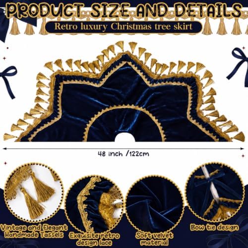 Roowest 48 Inch Navy Blue Christmas Tree Skirt Velvet, Octagon - Image 3