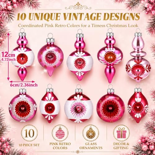 Soulchen 10 Pcs Vintage Glass Christmas Ornaments, Assorted, Pink - Image 3