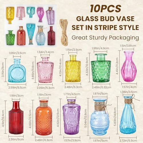 10Pcs Colored Glass Bud Vase Set,Embossed Mini Small Vintage Flower Vases - Image 2