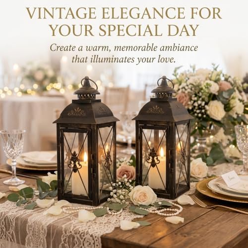 TRIROCKS Set of 2 Vintage Hanging Lantern - 13.5'' Decorative Metal & Tempered Glass Candle Holder - Ideal for Indoor/Outdoor Events, Patio, Garden, Parties Black & Gold Brush Finish - Image 5