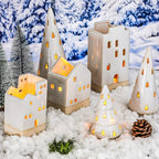 Beeveer 6 Pcs Christmas Ceramic Buildings Decoration, 4.4" to 9.4" White Christmas Tree & Houses Tealight Candle Holders Centerpiece Set for Winter Holiday Village Tabletop Mantel - Image 6