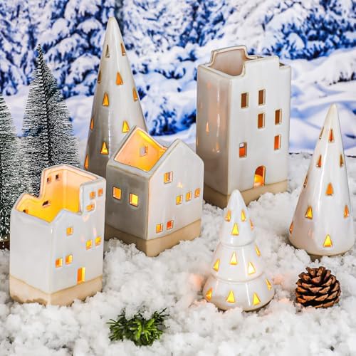 Beeveer 6 Pcs Christmas Ceramic Buildings Decoration, 4.4" to 9.4" White Christmas Tree & Houses Tealight Candle Holders Centerpiece Set for Winter Holiday Village Tabletop Mantel - Image 6