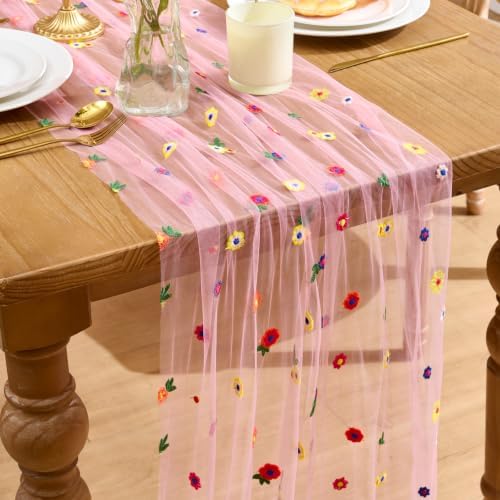 Pink Floral Table Runner Embroidery Daisy Spring Seasonal Table Linens - Image 2