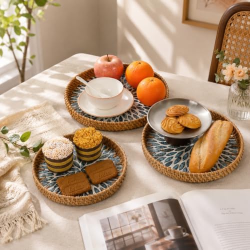 Round Rattan Serving Trays with Mother of Pearl Inlay, Set of 3, Blue - Image 3
