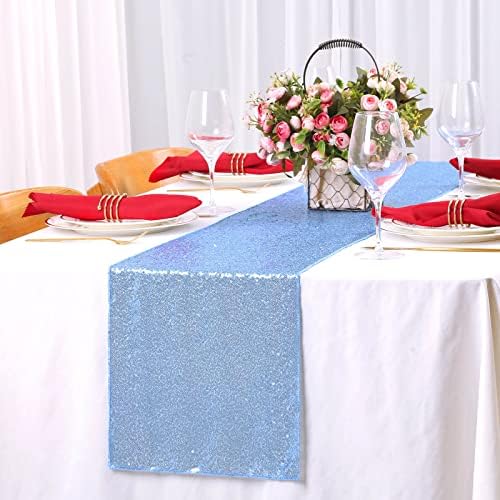 SoarDream Baby Blue Table Runner 10 Pieces 12x72 Inches Sequin Fabric Glitter Table Runner for Party Holiday Birthday Wedding Baby Shower Supplies Decorations - Image 2