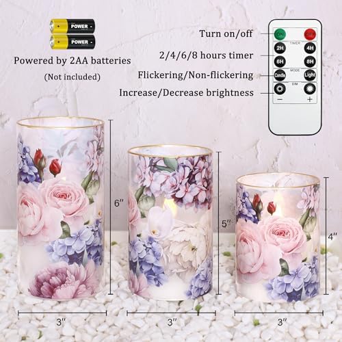 Hydrangea Rose Flameless Candles with Remote Control & Timer Function - Real Wax Glass Battery Operated Candles - Home Farmhouse Holiday Christmas Valentine's Day Decorations - Set of 3 - Image 5