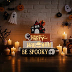 Halloween Decorations Indoor 9.4" 4-Tier Wooden Block Set with Glowing 3D Letters, Witch's House Topper, Battery Operated Spooky Halloween Décor Built-in Timer for Home, Mantel, Shelf, Table Decor - Image 2