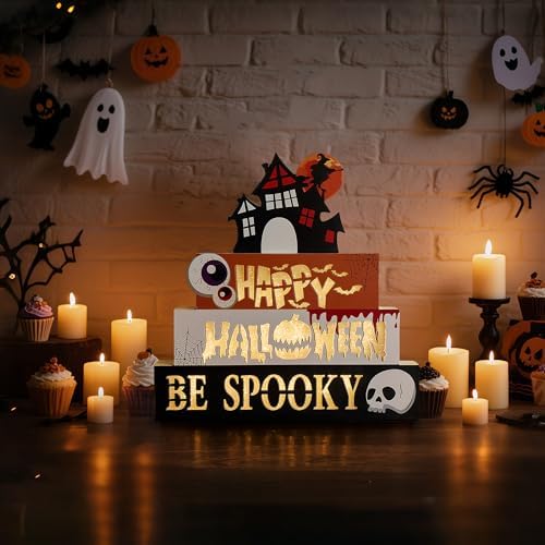 Halloween Decorations Indoor 9.4" 4-Tier Wooden Block Set with Glowing 3D Letters, Witch's House Topper, Battery Operated Spooky Halloween Décor Built-in Timer for Home, Mantel, Shelf, Table Decor - Image 2