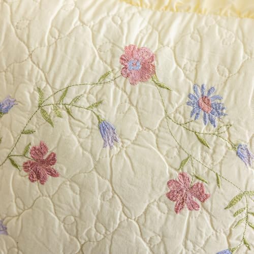 vctops Set of 2 Cotton Quilted Embroidered Decorative Square Throw Pillow Covers with Ruffles Floral Soft Cushion Case for Couch Sofa Bed (Flower B,18"x18") - Image 3