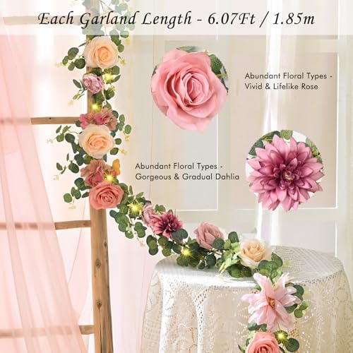 Waipfaru Artificial Flower Garland with Lights, 6.07Ft Lighted Eucalyptus Greenery Garland, Pink Rose Floral Vines for Wedding Table Runner Centerpieces Backdrop Decor - Image 2