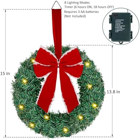 ATDAWN 3 Pack Mini Christmas Wreath, Lighted Christmas Front Door Wreath, Xmas Wreath for Holiday Christmas Party Decorations (Red Bow) - Image 2