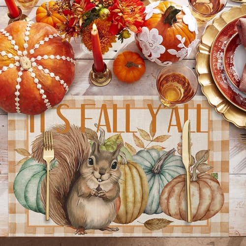 Farmhouse Squirrel Fall Placemats Set of 6, Harvest Pumpkin Maple Leaves Non-Skid Place mats, Wooden Autumn Holiday Table Mats, Thanksgiving Decorations Tablemats for Party/Dining Room/Kitchen - Image 2