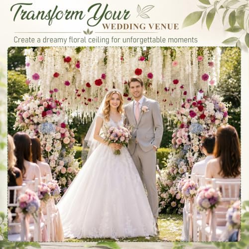 72 Pack Wedding Ceiling Flowers Kit, White Wisteria Rose Ivy Garland - Image 5
