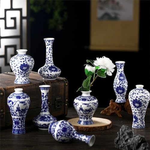 Dandat 8 Pcs Small Blue and White Ceramic Vase, Chinoiserie Floral,Rustic - Image 5