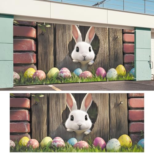 ANNA QUEEN Easter Bunny Peeking Through Fence Garage Door Banner 7x16FT, Cute Bunny Colorful Eggs Garage Door Cover, Outdoor Spring Decoration for Easter & Holiday Season - Image 6