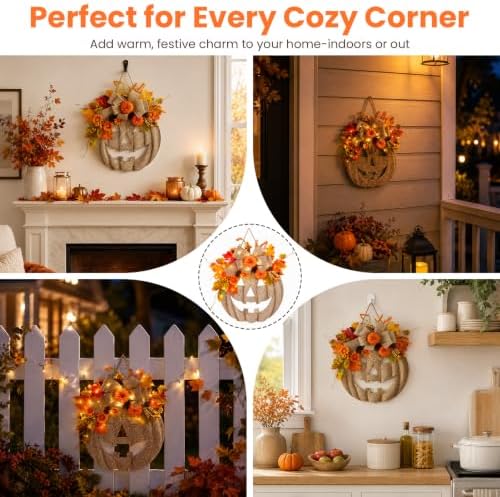 Fall Wreaths for Front Door, Burlap Style Pumpkin Sign with Autumn Leaves and Bow, Halloween Decor for Porch Wall (B-2PCS) - Image 5