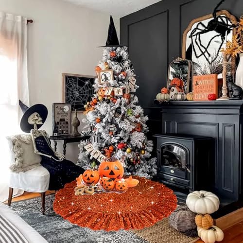 Fall Tree Skirt 45 Inch Orange Christmas Tree Skirt Ruffle - Image 3