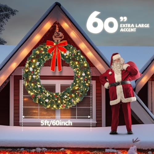 VINGLI 60" Large Pre Lit Outdoor Christmas Wreath with 220 LED Lights - Image 6