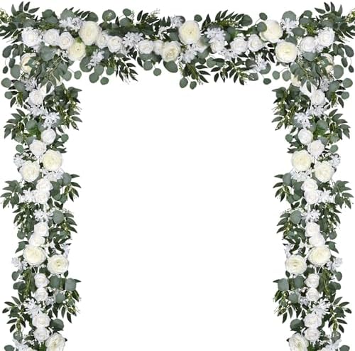 Lvydec 2 Pack Artificial Peony Flower Garland - 6ft Silk Peony Vine Willow Leaves and Eucalyptus Garland White Arch Flower Vine for Wedding Party Table Decoration (White) by Lvydec