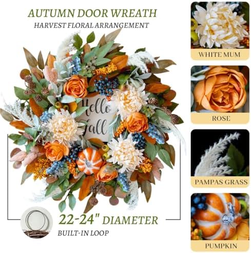 Harvest Fall Wreaths for Front Door 24 Inch Autumn Wreath with Rose&Dahlias - Image 4