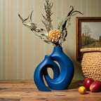 Levvohd Snuggle Hollow Ceramic Vase Set of 2, 8.4 inch Modern Nordic Coastal Shaped Pampas Grass Aesthetic Decorative Table Vases for Home Decor (Matte Navy Blue - M) - Image 6