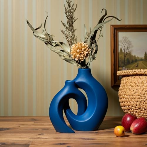 Levvohd Snuggle Hollow Ceramic Vase Set of 2, 8.4 inch Modern Nordic Coastal Shaped Pampas Grass Aesthetic Decorative Table Vases for Home Decor (Matte Navy Blue - M) - Image 6