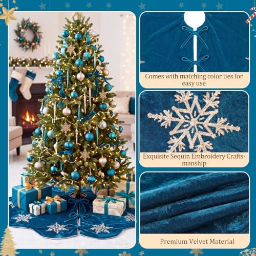 Hollowfly Peacock Blue Velvet Christmas Tree Skirt, Sequin Snowflake 48'' - Image 3
