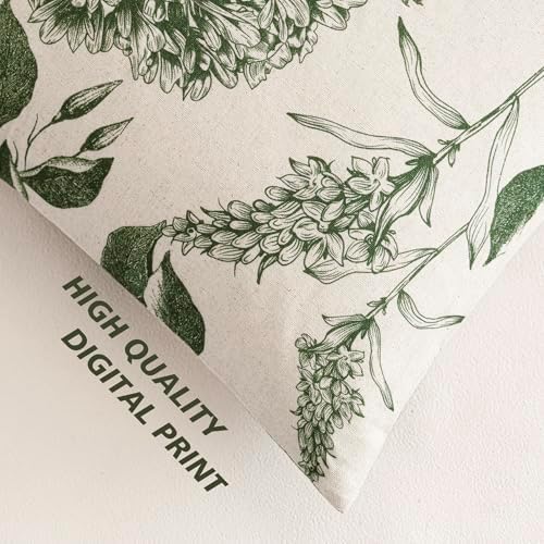 Foindtower Set of 2 Linen Floral Throw Pillow Covers Neutral Vintage Print Decorative Cozy Cushion Covers Farmhouse Boho Home Decor for Sofa Chair Couch Bedroom Living Room,24×24 Inch,Dark Green - Image 3