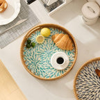 YANGQIHOME Round Rattan Tray with Handle, Mother of Pearl Inlay Decorative Wicker Basket for Coffee, Bread, Fruits, Serving Tray for Home Decor, Blue Flower - Image 7