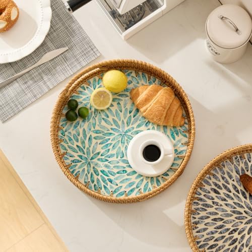YANGQIHOME Round Rattan Tray with Handle, Mother of Pearl Inlay Decorative Wicker Basket for Coffee, Bread, Fruits, Serving Tray for Home Decor, Blue Flower - Image 7