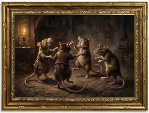 Gold Framed Dancing Rat Wall Art, Dark Academia Canvas Print, 16x12 by Qzzrin